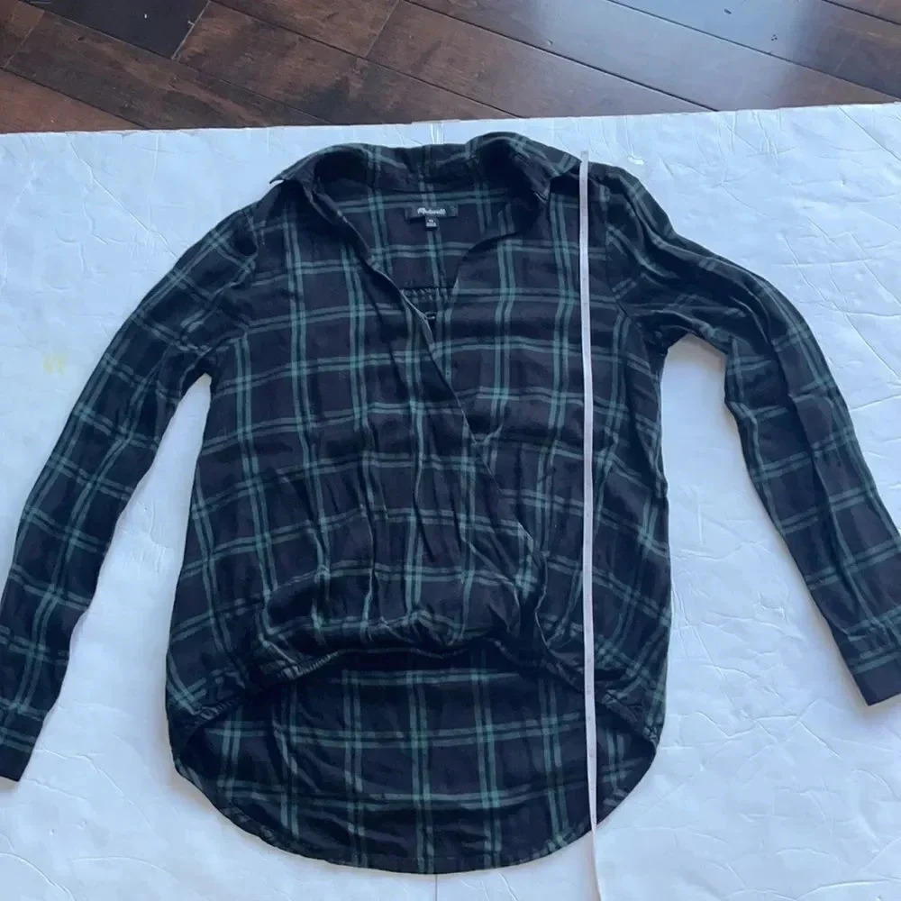 Madewell Wrap-Front Shirt in Palma Plaid Long sleeved Navy & green Size XS - Picture 8 of 11